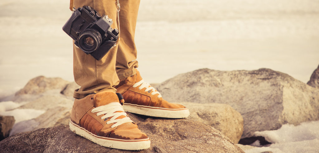 Feet Man And Vintage Retro Photo Camera Outdoor Travel Lifestyle