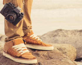 Feet Man And Vintage Retro Photo Camera Outdoor Travel Lifestyle